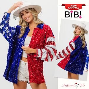 BiBi 4th Of July American Flag Theme Sequin Snap Button Down Shirt | Royal Blue